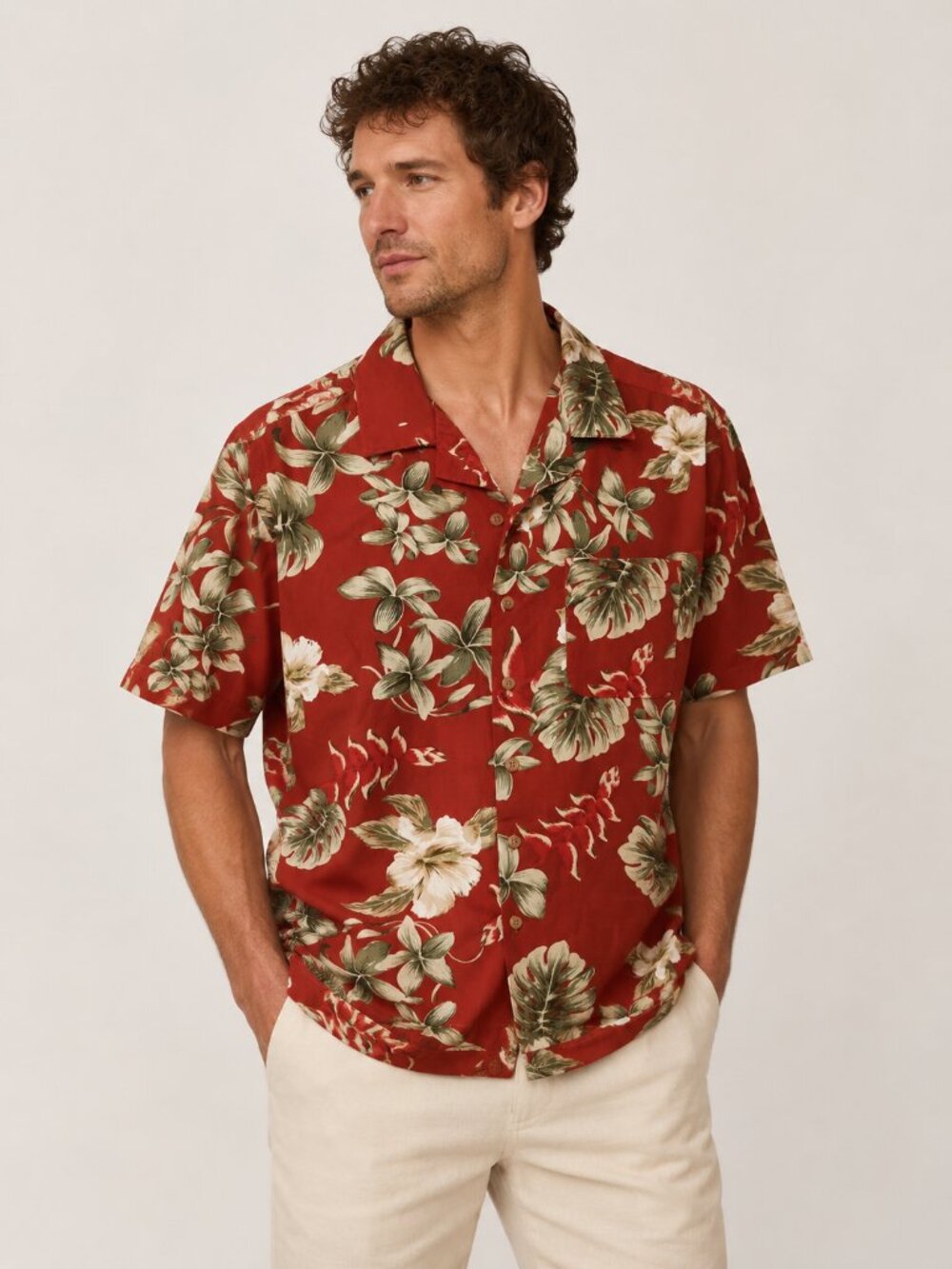 Milana Bay Men’s XXL Red Tropical Floral Hawaiian Camp Shirt Rayon Cotton